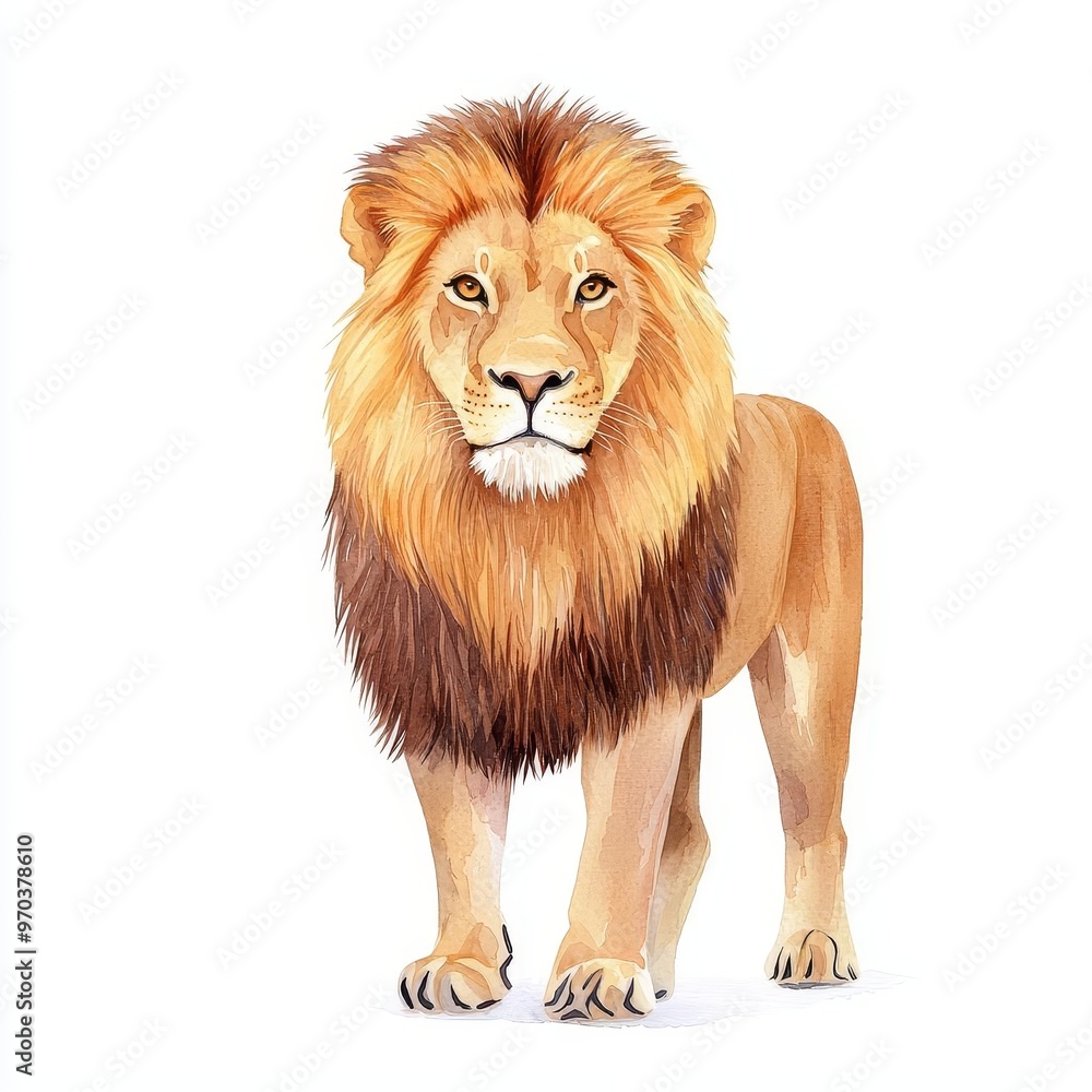 Obraz premium Wildlife Lion, watercolor style isolated on white background, warm, rich tones with soft brushstrokes, conveying strength and grace of this powerful predator