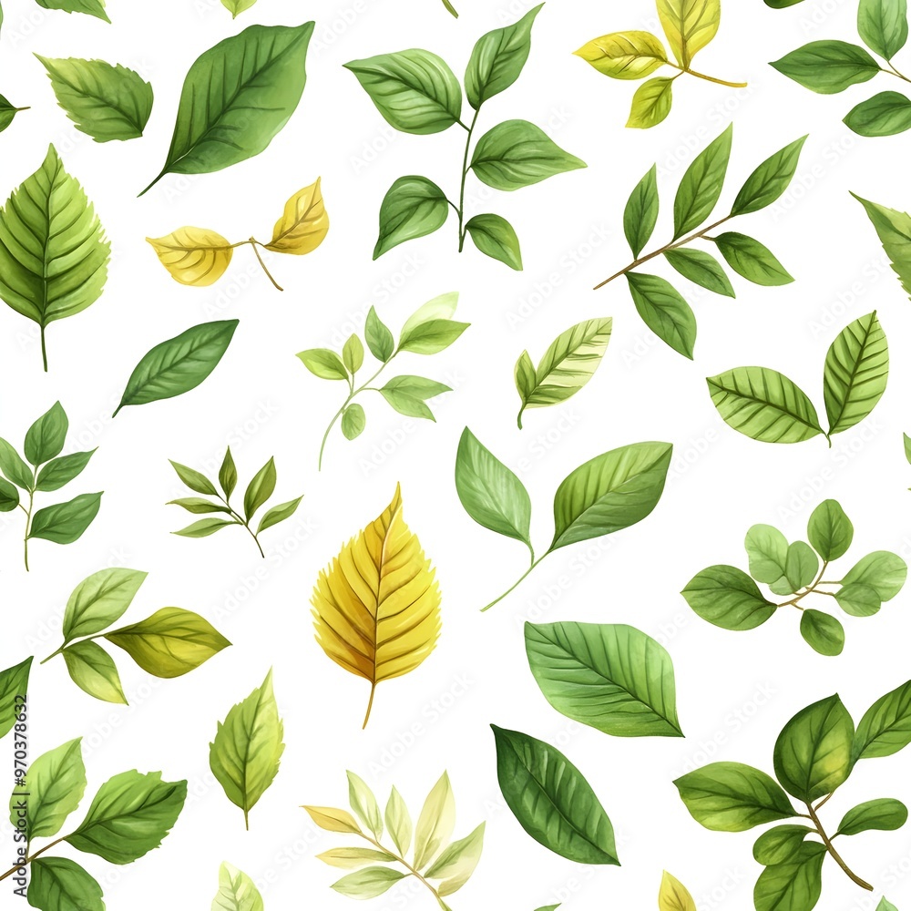 Seamless Pattern of Assorted Fresh Green Leaves Against White Background Seamless Pattern of Assorted Fresh Green Leaves Against White Background