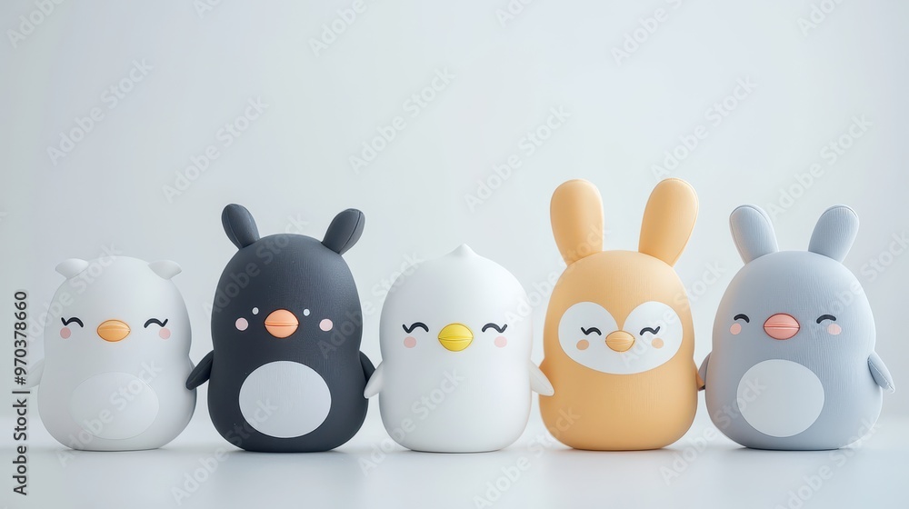 Obraz premium Cute Cartoon Animal Friends Penguin Bunny White Background