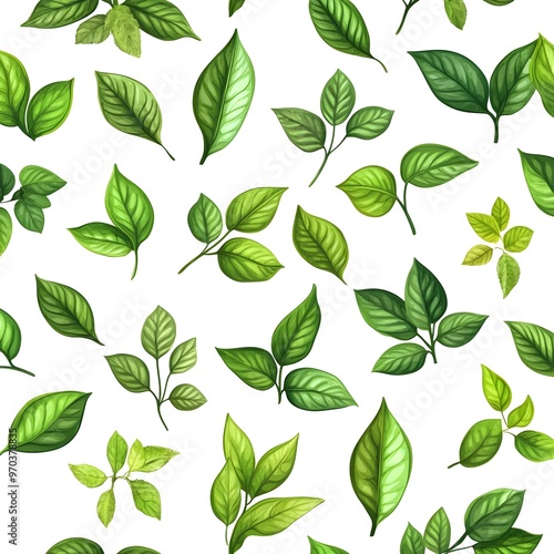 Seamless Natural Leaf Pattern with Fresh Green Foliage on White Background