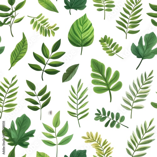 Seamless Natural Leaf Pattern with Fresh Botanical Foliage on White Background