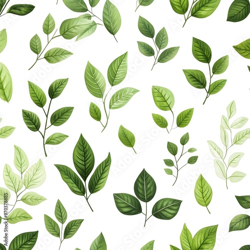 Seamless Natural Pattern with Green Fresh Leaves on White Background