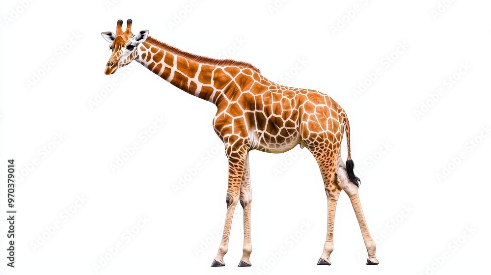 Naklejka premium Wildlife Giraffe, digital art isolated on white background, vibrant colors and semi-realistic style, highlighting unique patterns and elongated form of this gentle giant