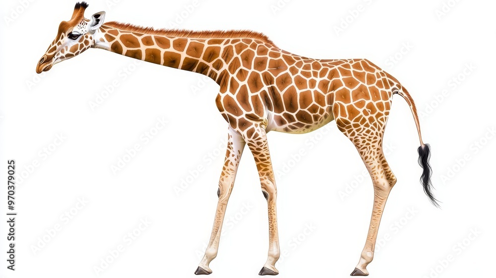 Fototapeta premium Wildlife Giraffe, digital art isolated on white background, vibrant colors and semi-realistic style, highlighting unique patterns and elongated form of this gentle giant