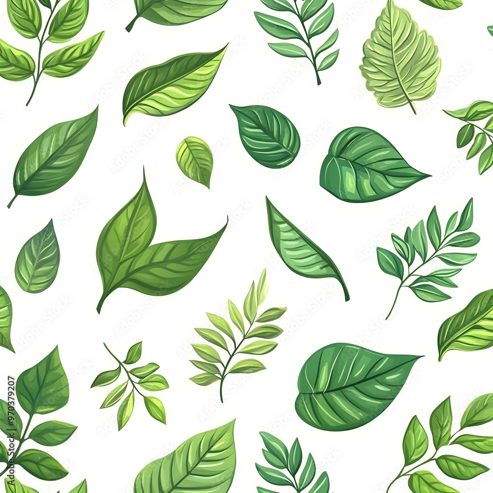 Fototapeta premium Seamless nature pattern with fresh and vibrant various leaves on white background