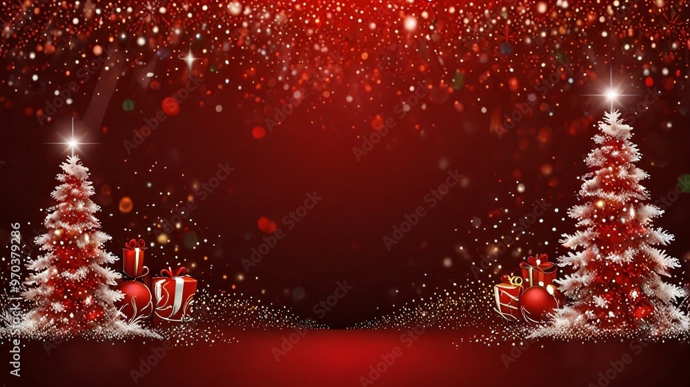 Festive Christmas Tree Red Background With Gift Boxes And Ornaments Festive Christmas Tree Red Background With Gift Boxes And Ornaments
