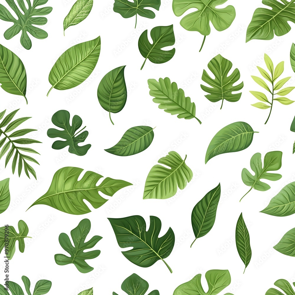 Seamless Pattern with Assorted Green Leaves on White Background Seamless Pattern with Assorted Green Leaves on White Background