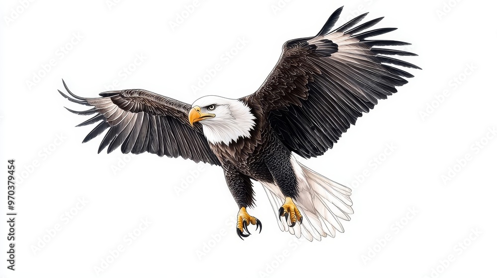 Naklejka premium Wildlife Eagle, pen and ink style isolated on white background, intricate linework and shading, capturing fierce expression and dynamic wingspan of this regal bird