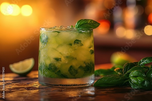 Cocktail Basil Caipirinha bright green colored placed on the right side of the table with fresh basil on the table. Blurred bar with sunlight in the background. photo