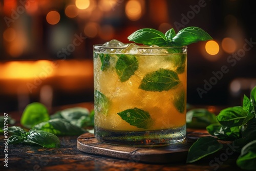 Cocktail Basil Caipirinha bright green colored placed on the right side of the table with fresh basil on the table. Blurred bar with sunlight in the background. photo