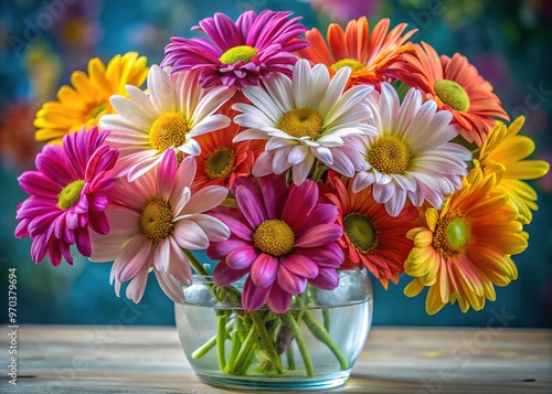 A vase overflows with colorful daisies, intricately shaped and layered, their petals curled in delicate greeting, warm and inviting. photo