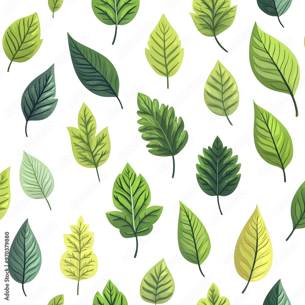 Seamless Natural Green Foliage Pattern on White Background with Various Vibrant Leaves and Botanical Seamless Natural Green Foliage Pattern on White Background with Various Vibrant Leaves and Botanical