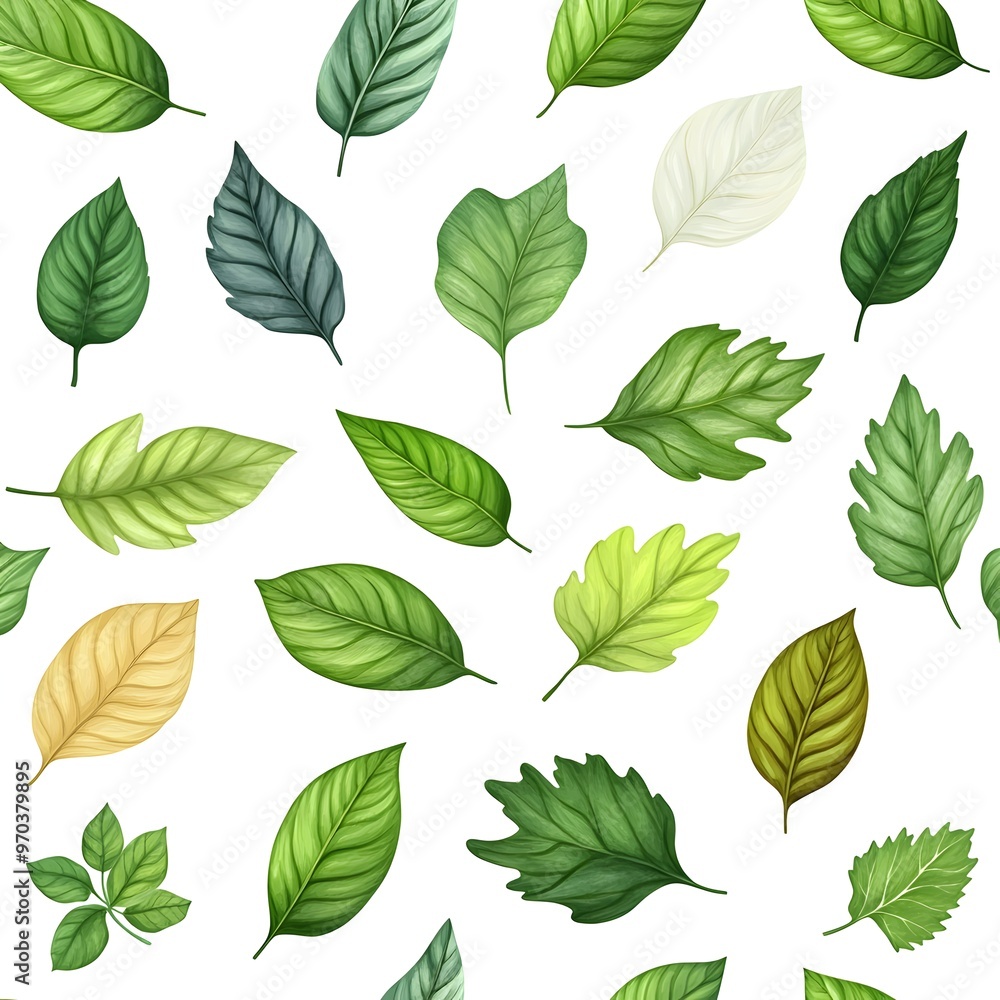 Fototapeta premium Seamless natural pattern with diverse fresh green leaves on plain white background