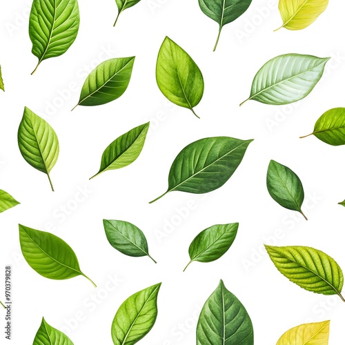 Seamless pattern with diverse variety of natural green leaves on bright white background