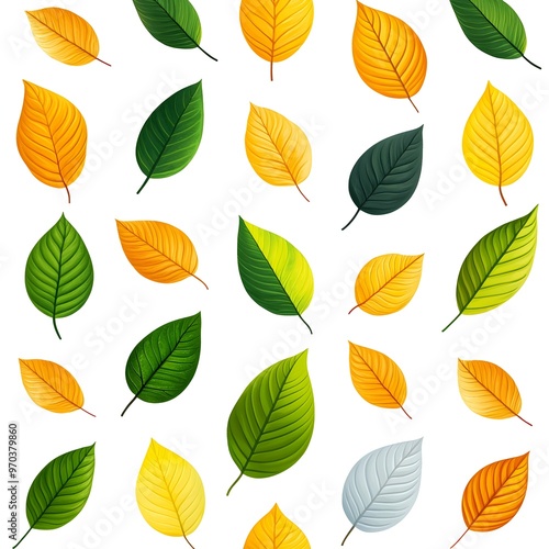 Seamless Pattern of Fresh and Vibrant Natural Leaves in Various Autumn Colors on White Background