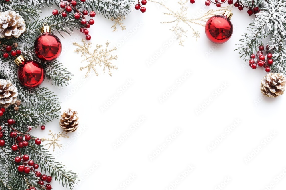 Festive Christmas Border with Red Ornaments, Snow, and Pine Cones Festive Christmas Border with Red Ornaments, Snow, and Pine Cones