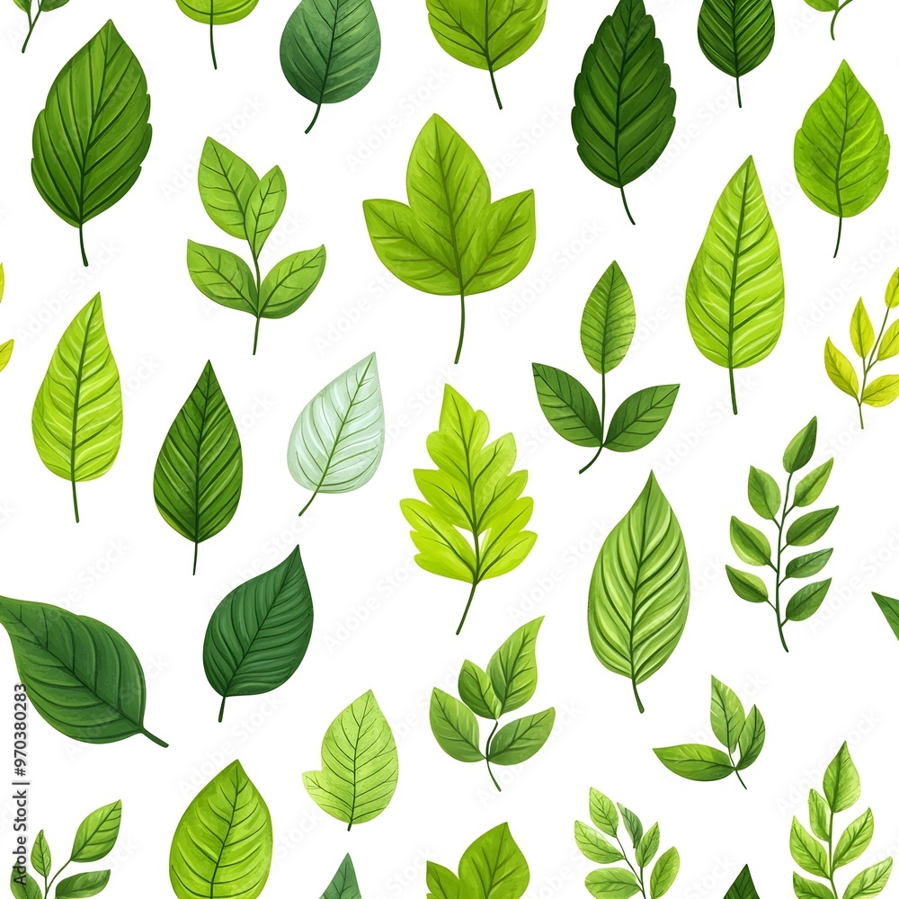 Obraz premium Seamless Pattern of Various Fresh and Vibrant Green Leaves on White Background for Nature Inspired Ecology and Design