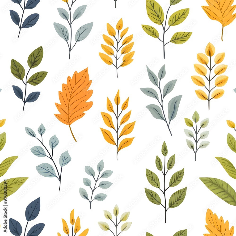 Stylish Seamless Pattern with Vibrant Natural Leaves in Warm Autumn Colors on Clean White Background Stylish Seamless Pattern with Vibrant Natural Leaves in Warm Autumn Colors on Clean White Background