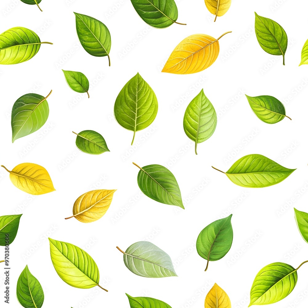 Seamless Natural Pattern with Fresh Vibrant Leaves on Minimalist White Background Seamless Natural Pattern with Fresh Vibrant Leaves on Minimalist White Background