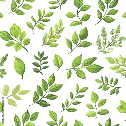 Seamless Natural Pattern of Lush and Fresh Green Leaves on White Background