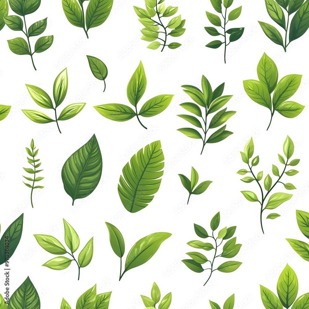 Seamless Natural Leaf Pattern with Fresh Greenery on White Background Seamless Natural Leaf Pattern with Fresh Greenery on White Background