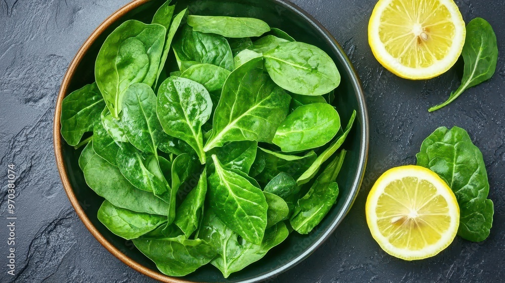 Fresh Spinach and Lemon on Black Background Fresh Spinach and Lemon on Black Background