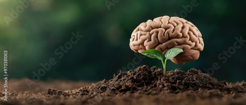 A brain breaking through soil like a seedling, symbolizing the start of a fresh intellectual journey photo