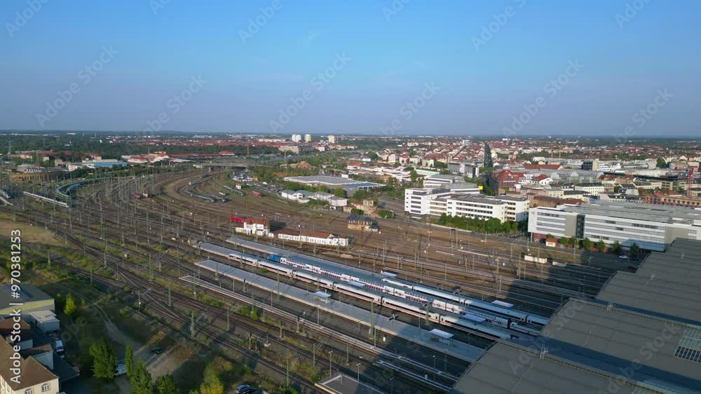 Railroad tracks to leipzig Main station in germany, trains waiting for passengers to board. Wonderful aerial view flight drone shot footage from above Railroad tracks to leipzig Main station in germany, trains waiting for passengers to board. Wonderful aerial view flight drone shot footage from above