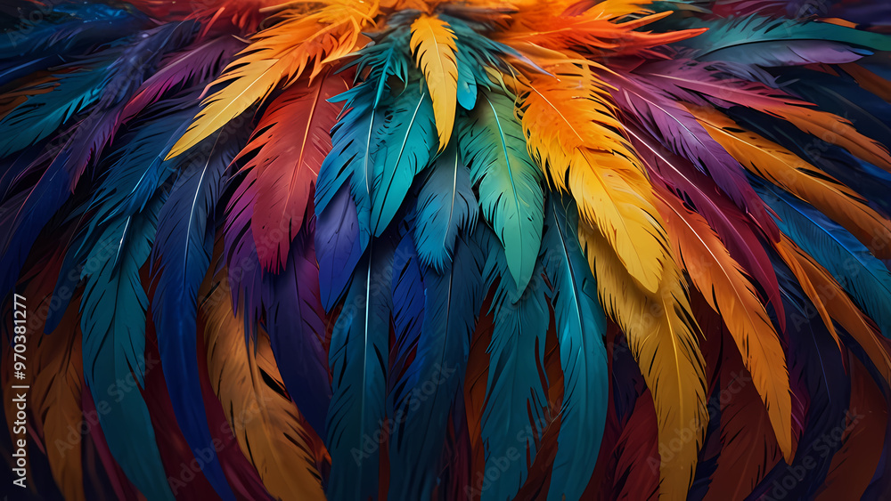 Fototapeta premium Abstract composition of vibrant, colorful feathers arranged in a circular motion