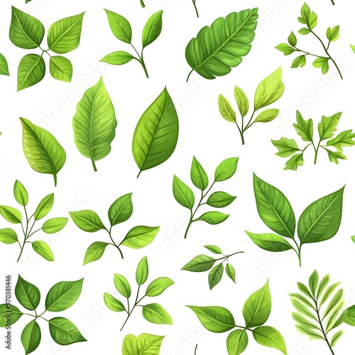 Seamless background with vibrant and lush green leaf patterns in natural fresh design photo