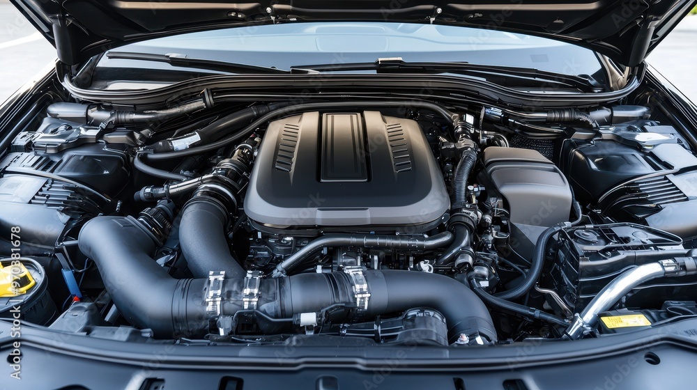 Modern Car Engine Under Hood Close Up Modern Car Engine Under Hood Close Up