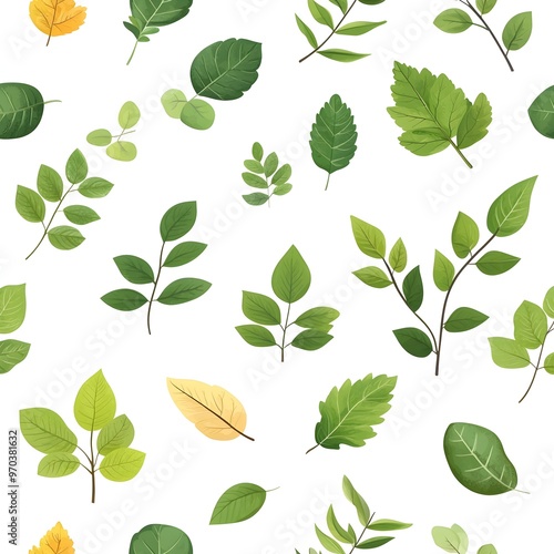 Seamless nature pattern with various fresh green and yellow leaves on white background