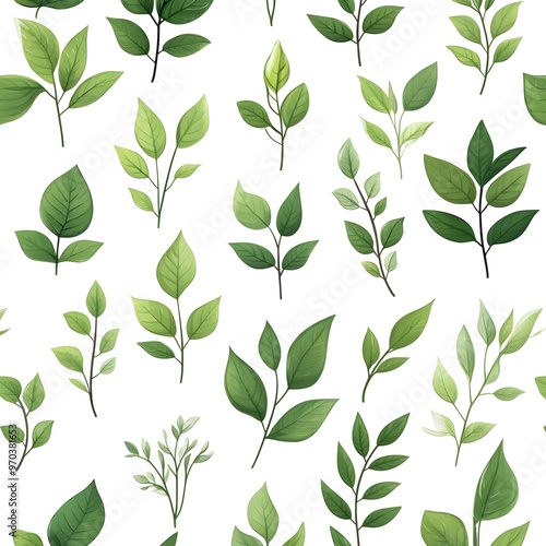 Lush Green Leaves in Seamless Botanical Pattern on Crisp White Background