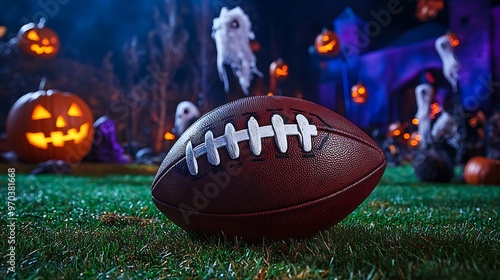 Football resting on a Halloween-themed field, sharp focus, detailed spooky props, eerie lighting photo