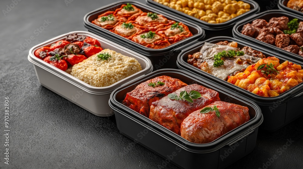 A variety of delicious meals in meal prep containers, featuring colorful ingredients and appetizing garnishes. A variety of delicious meals in meal prep containers, featuring colorful ingredients and appetizing garnishes.