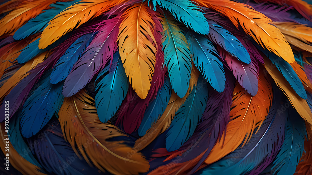 Obraz premium Abstract composition of vibrant, colorful feathers arranged in a circular motion