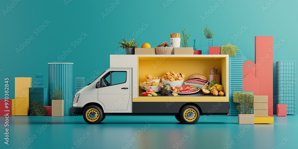Fototapeta premium A vibrant food truck filled with fresh produce and delicious meals, set against a colorful urban backdrop.