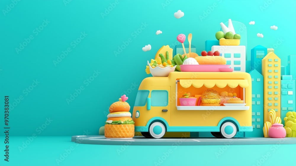 Naklejka premium Colorful food truck with delicious treats against a vibrant city backdrop, perfect for food lovers and street food enthusiasts.