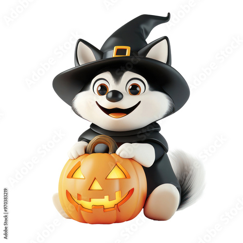 Dog wearing witch hat sitting with holding jack o lantern, halloween, 3D, cartoon isolate on transparency background