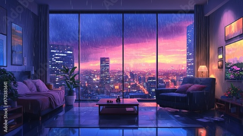 Lofi Room with City View Rain Rainy - Anime Manga Style Cozy Chill Relax Interior Wallpaper Background
