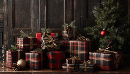 Golden-trimmed fir tree with red ribbon-tied gifts beneath, perfect for festive holiday celebrations photo