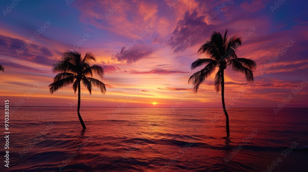 A serene sunset over the ocean, framed by two palm trees, creating a tranquil and picturesque tropical scene. A serene sunset over the ocean, framed by two palm trees, creating a tranquil and picturesque tropical scene.