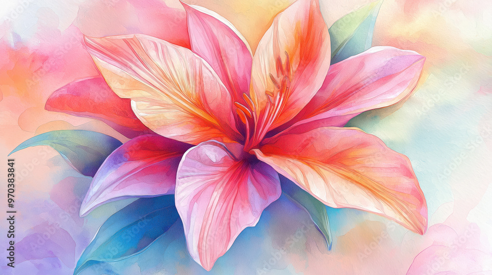 A vibrant pink flower with soft, colorful petals and delicate leaves, set against a dreamy, pastel background. A vibrant pink flower with soft, colorful petals and delicate leaves, set against a dreamy, pastel background.