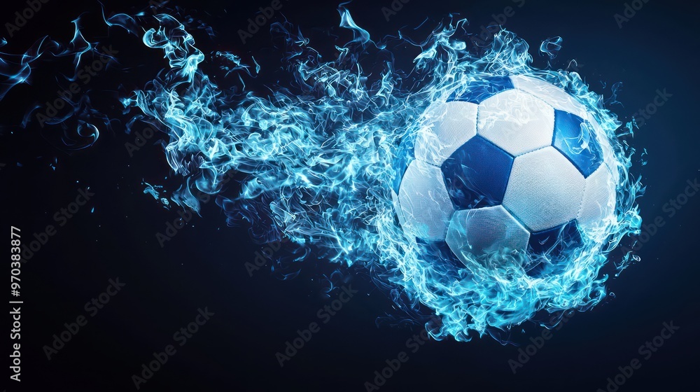 Naklejka premium Dynamic Futsal Ball in Blue Flames - Hyper-realistic Sports Photography with Cinematic Lighting
