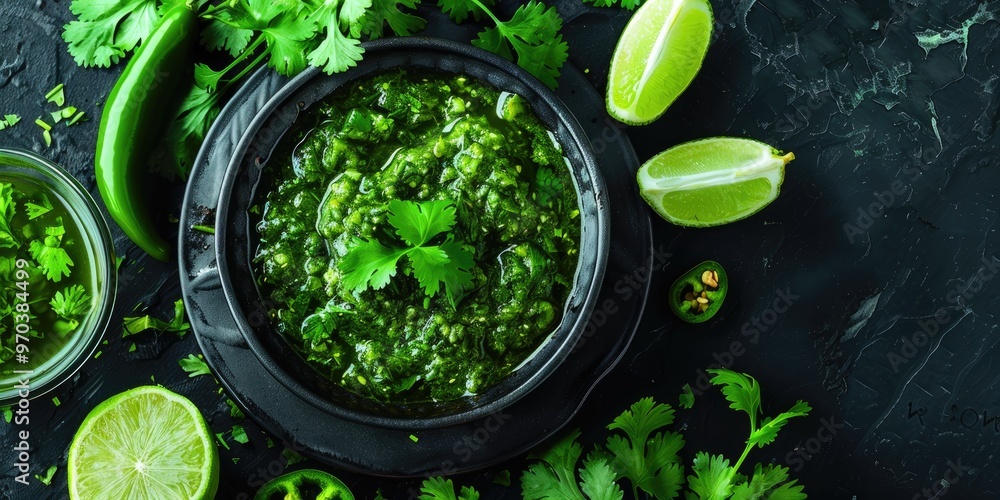 Obraz premium Green Chili Sauce with Fresh Lime, Cilantro, and JalapeÃƒÂ±o