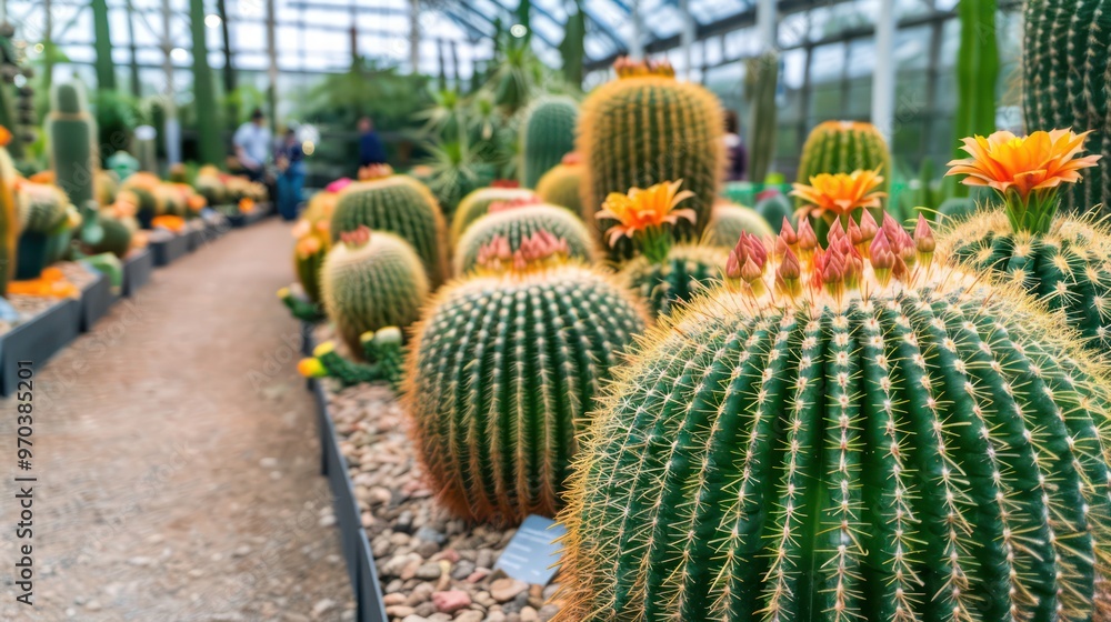 A vibrant display of cacti in a greenhouse, showcasing their unique shapes and colorful flowers.