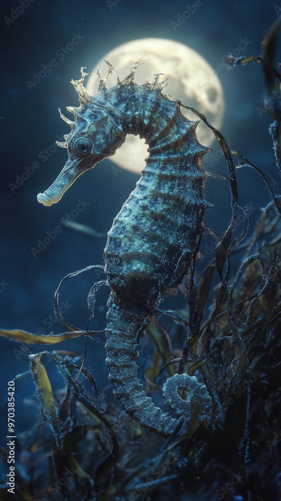 Seahorse underwater with full moon backdrop Seahorse underwater with full moon backdrop