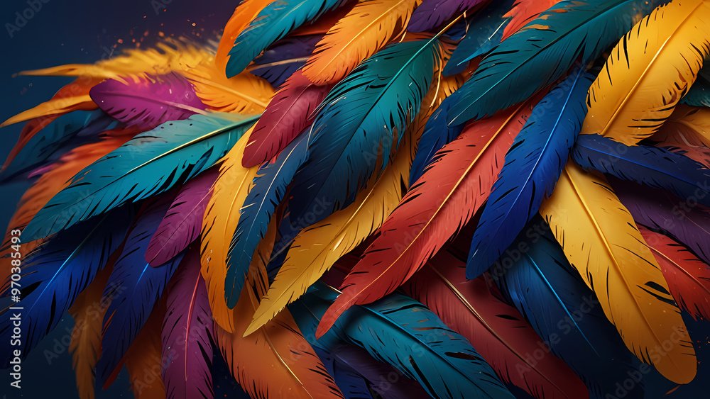 Obraz premium Abstract composition of vibrant, colorful feathers arranged in a circular motion