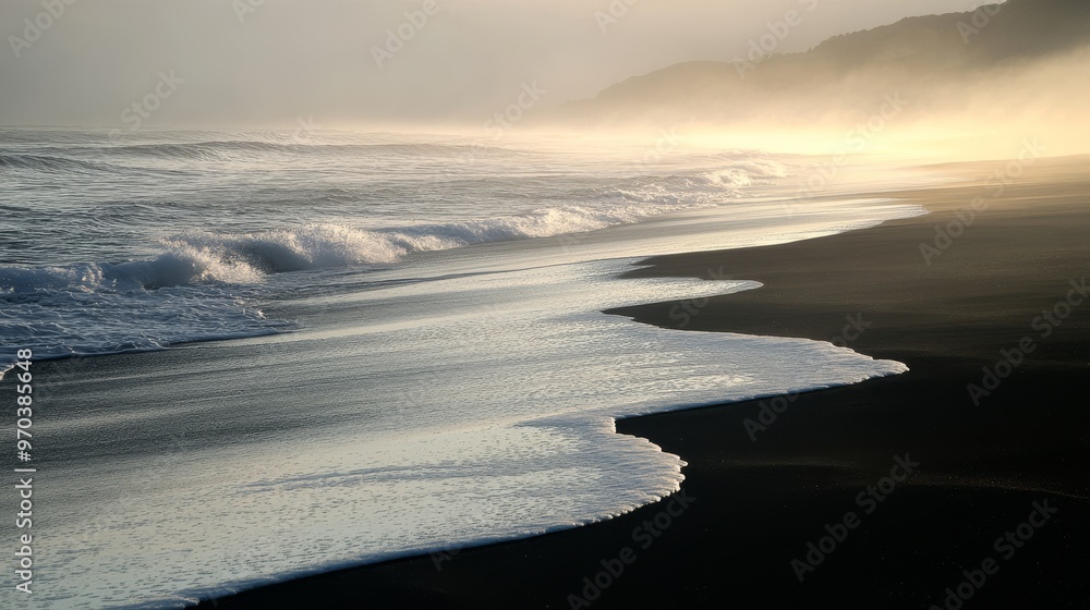 Misty shoreline with gentle waves at sunrise Misty shoreline with gentle waves at sunrise