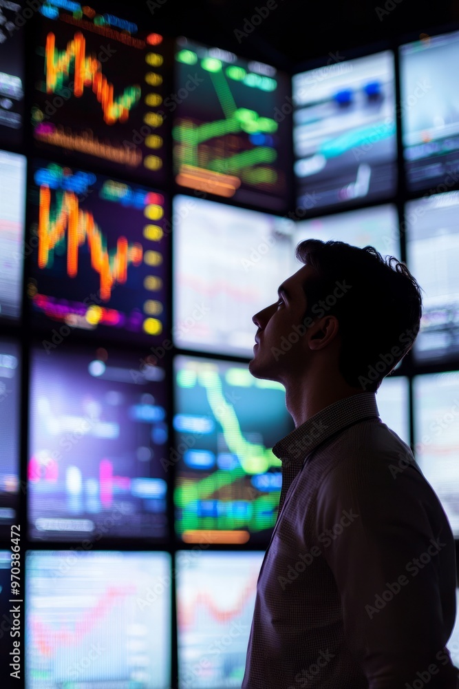 A financial analyst in front of a wall of screens showing real-time big data visualizations of market trends. The data includes stock prices, trading volumes, Generative AI A financial analyst in front of a wall of screens showing real-time big data visualizations of market trends. The data includes stock prices, trading volumes, Generative AI